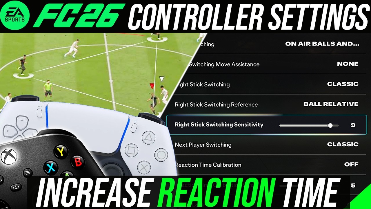 PS5 and Xbox controllers next to the FC 26 game settings menu, highlighting right stick switching sensitivity to increase player reaction time.