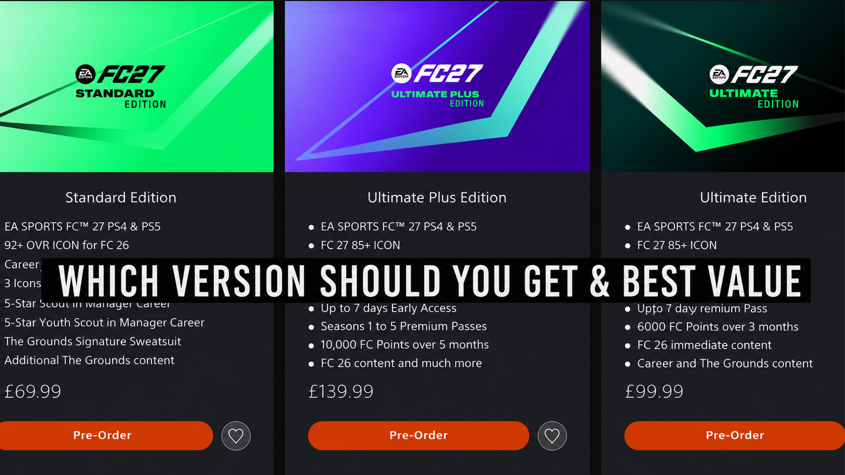 EA Sports FC 27 Standard, Ultimate Plus and Ultimate edition pricing comparison showing which version to buy and best value